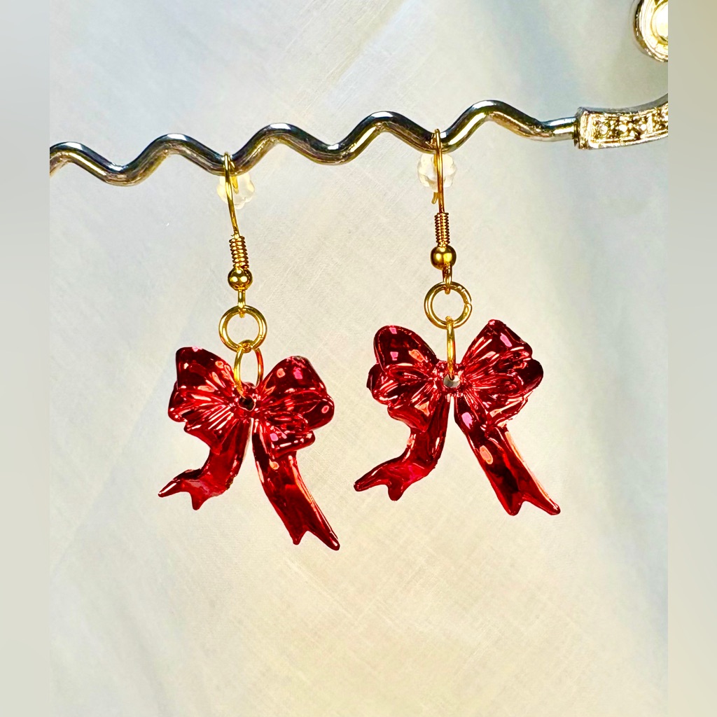 Hand Crafted Christmas Earrings Pierced Bright Red Bows On Golden Hook Ear Wires